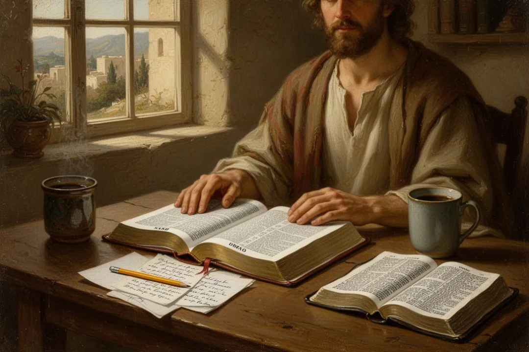 Open NASB Bible beside notes and another translation on a study table