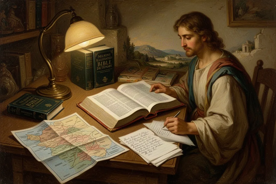 Bible study with illustrated dictionary, maps, and handwritten research notes