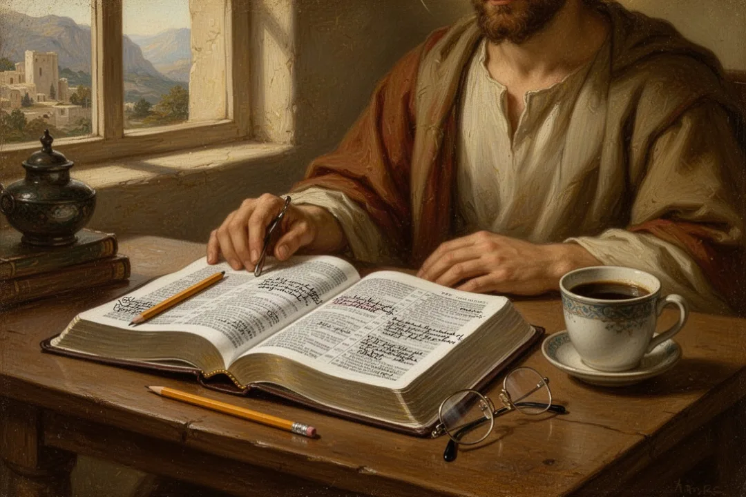 Open NABRE Bible beside study notes and reading glasses