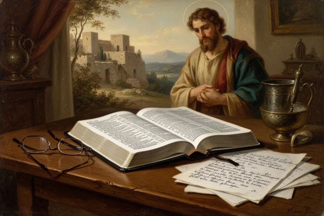 Modern Bible open beside study notes in a quiet home setting