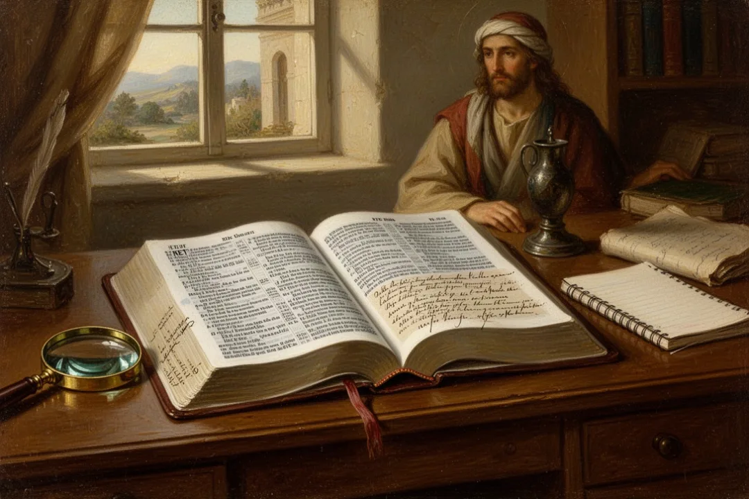 Open Bible with study notes, notebook, and magnifying glass on desk