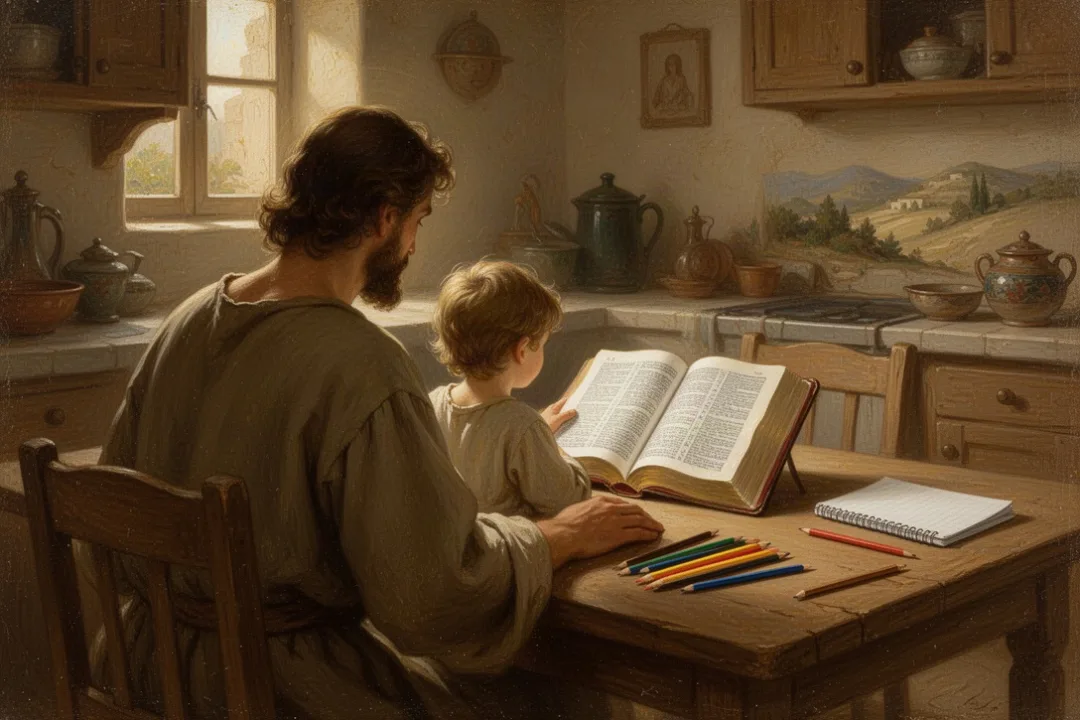 Parent and child reading an accessible Bible together at home