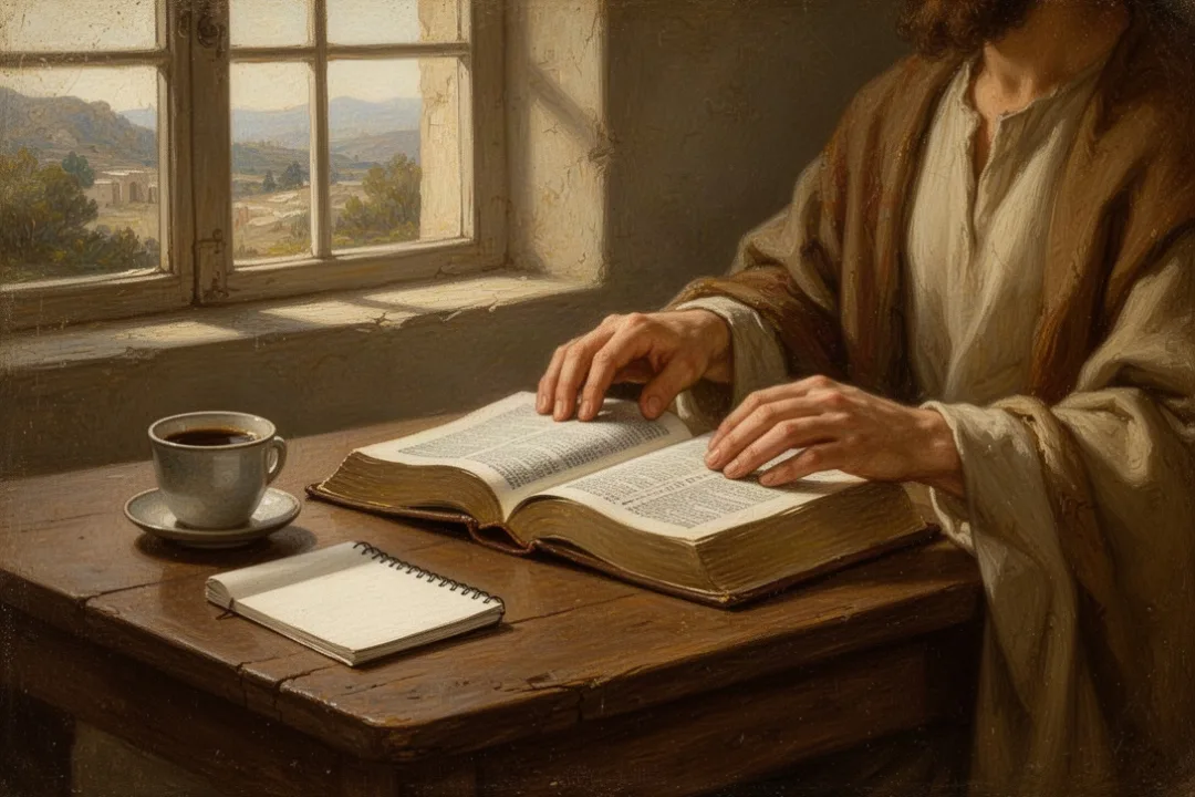 Open Bible beside notebook in warm morning light