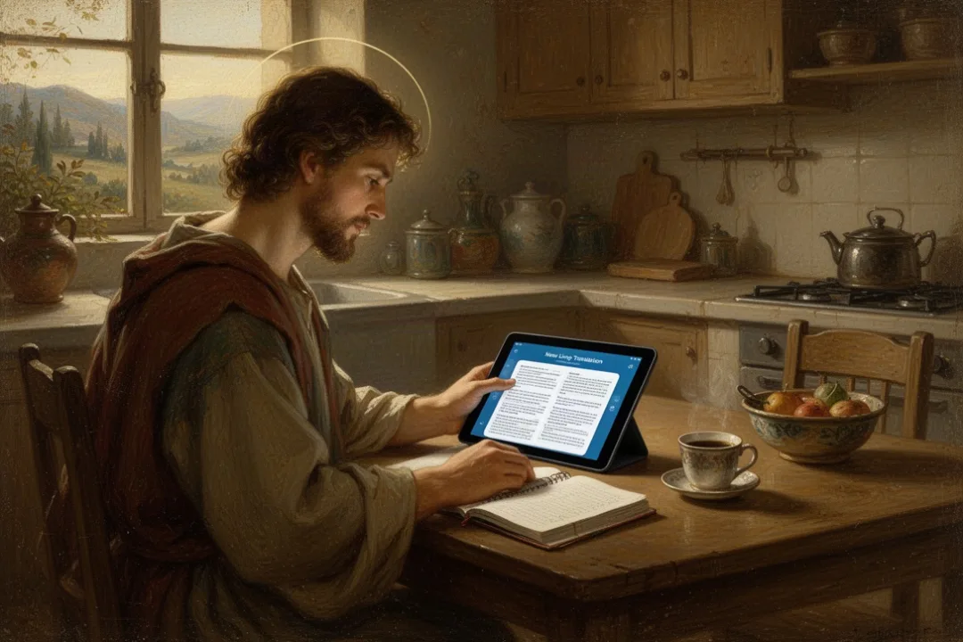 Person reading an online New Living Translation Bible on a tablet