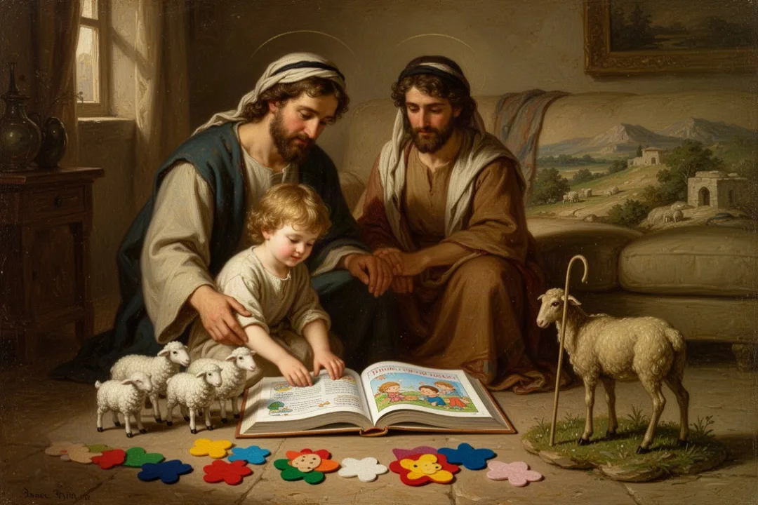 Preschool Bible story activity with toy sheep and an open children’s Bible