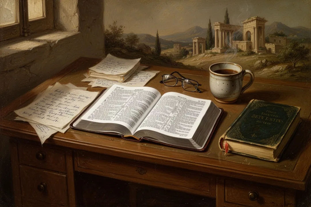 Open Bible and study materials on a warmly lit reading desk