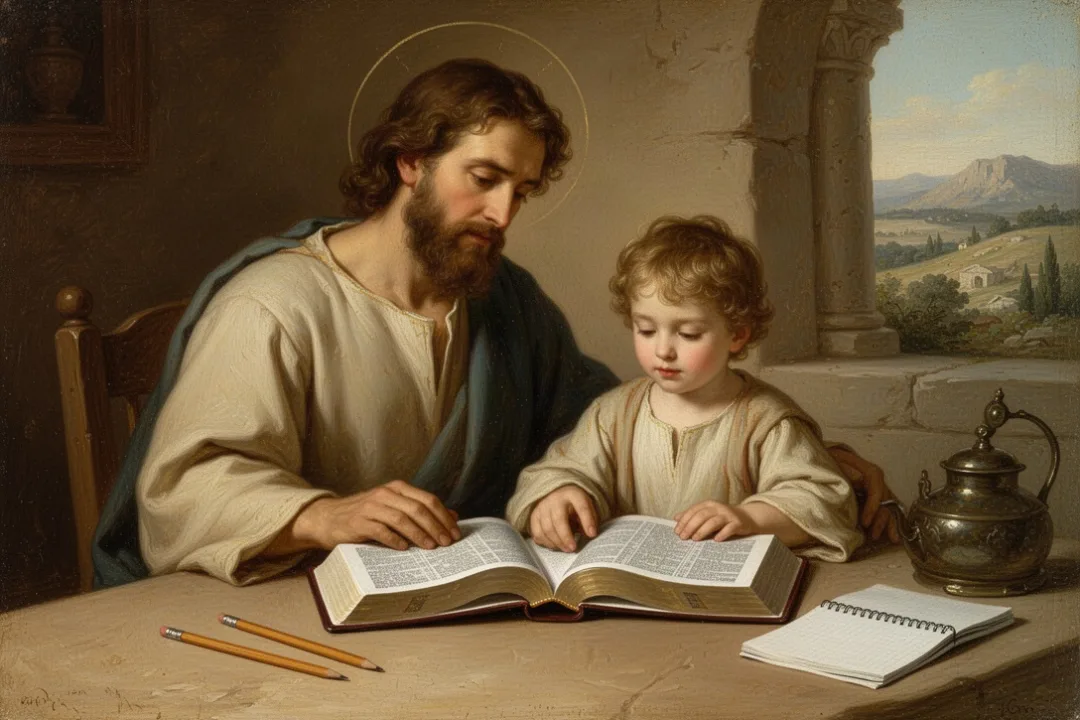 Parent and child comparing Bible translations during family reading