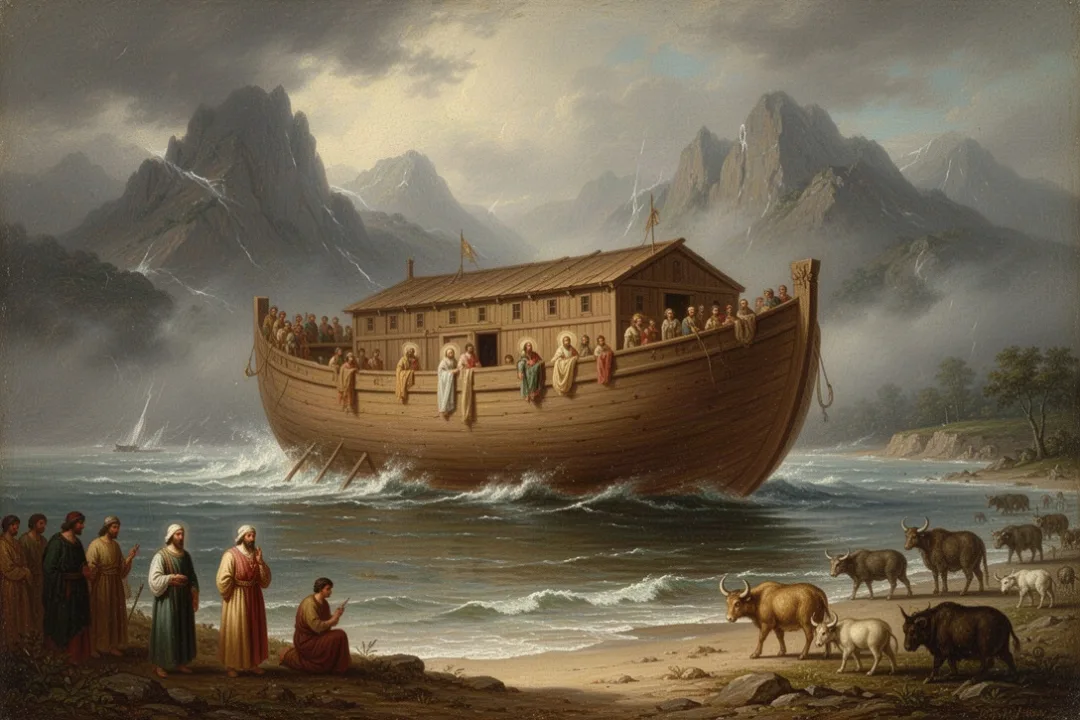 Ancient ark resting after the flood with animals near shore