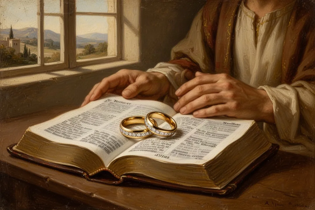 Wedding rings and open Bible representing the one flesh verse