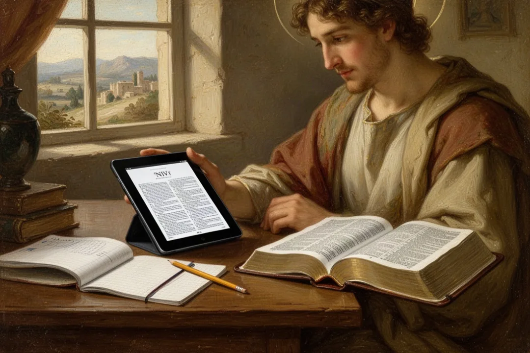 Tablet and printed Bible arranged for online NIV study