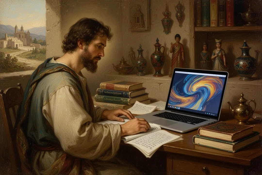 Student studying comparative religion online with books and laptop