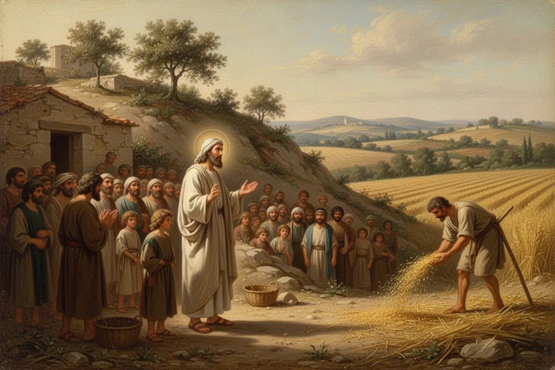Teacher sharing the parable of the sower beside a village field