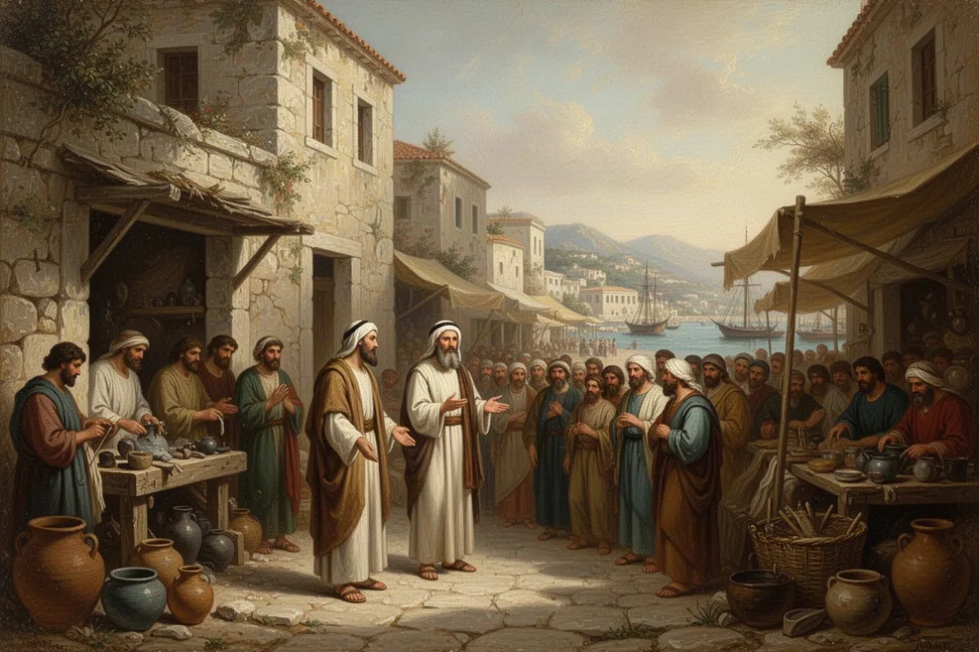 Paul teaching diverse listeners near a Corinthian workshop