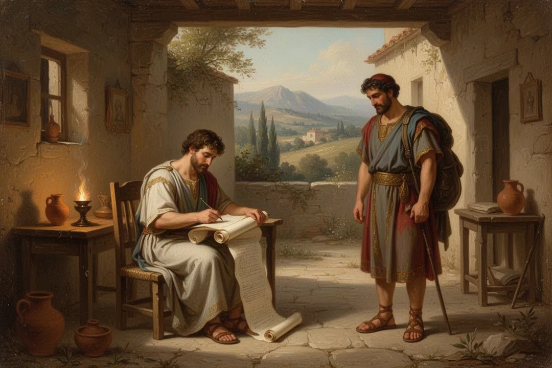 Ancient household scene representing Paul’s letter to Philemon and Onesimus