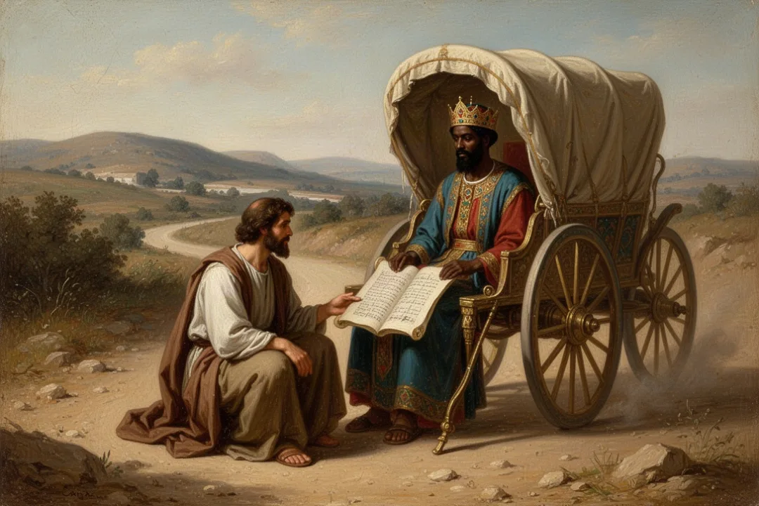 Philip explaining Isaiah to an Ethiopian official beside a desert road