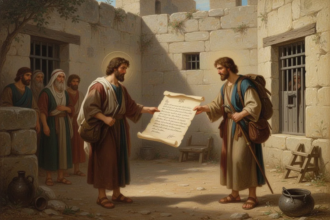Messenger delivering Paul’s letter in an ancient prison courtyard