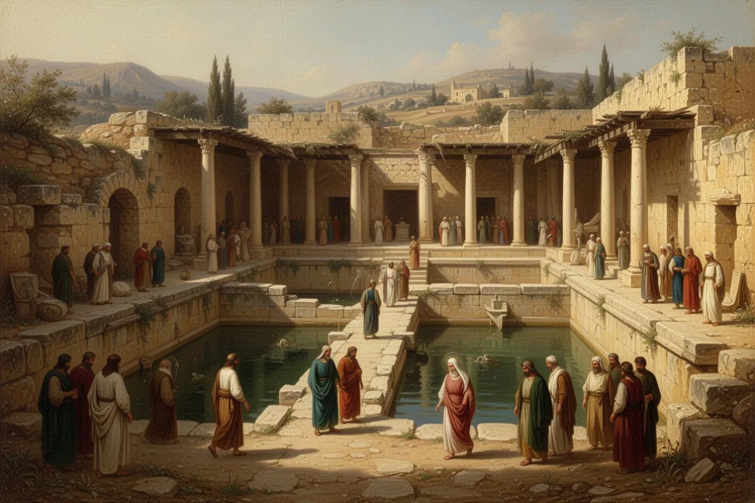 Excavated Pool of Bethesda ruins with adjoining ancient stone pools