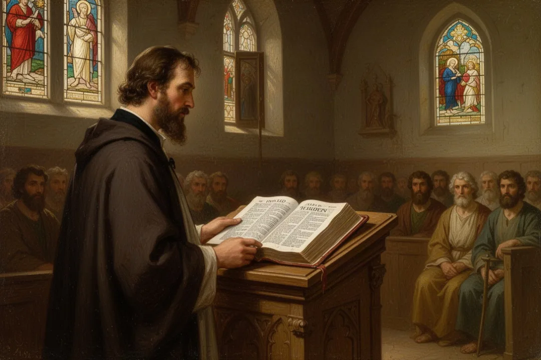 Pastor preaching from an open Old Testament Bible in a church