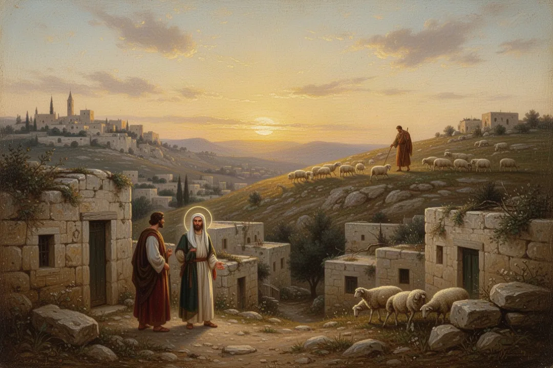 Shepherd overlooking Bethlehem at dawn, evoking biblical prophecies about Jesus