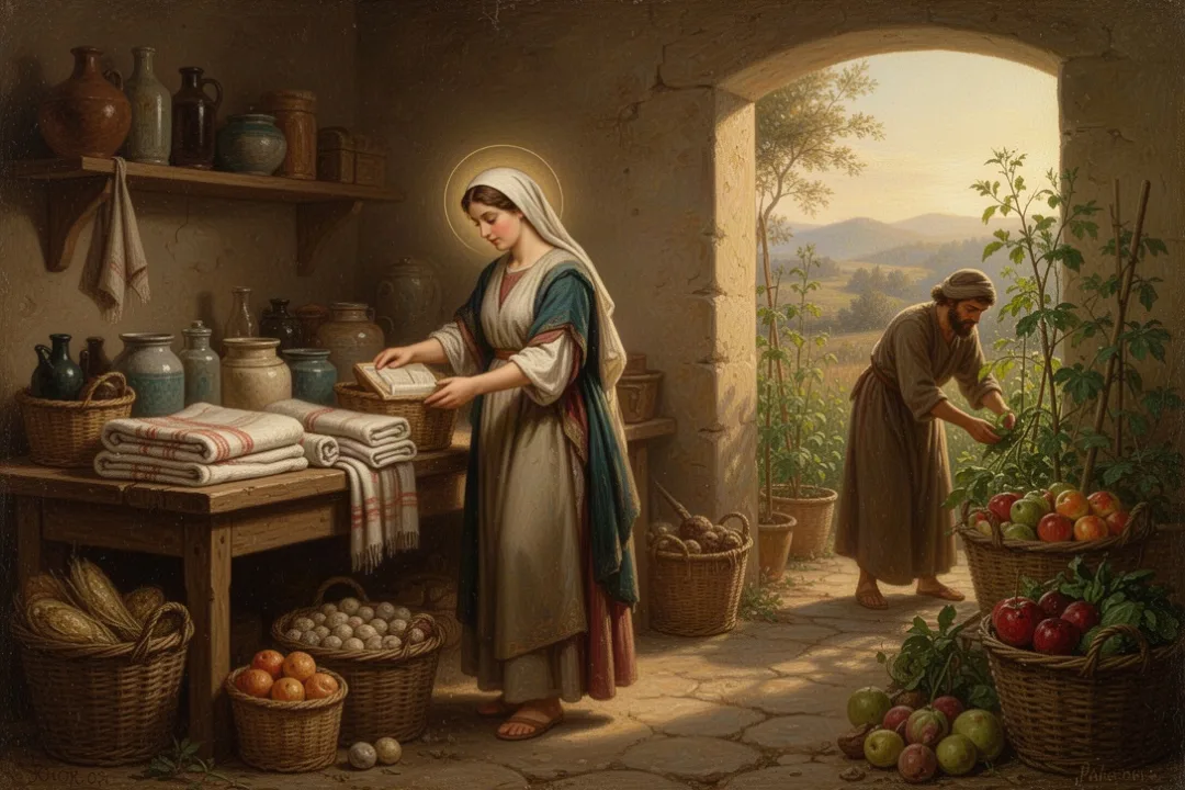 Woman managing household goods and garden work in a realistic Proverbs 31 scene
