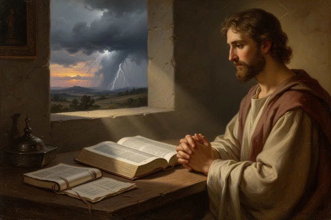 Open Bible and journal beside praying hands in soft morning light