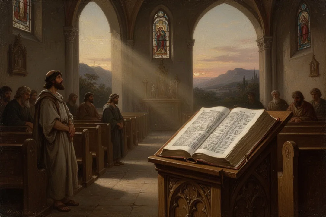 Open Bible in a quiet church symbolizing lament and hope