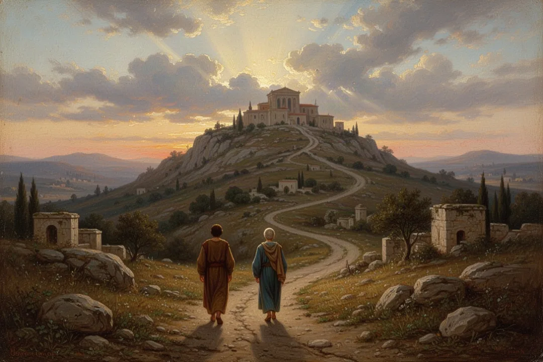 Person walking toward a sunlit hilltop sanctuary through morning clouds