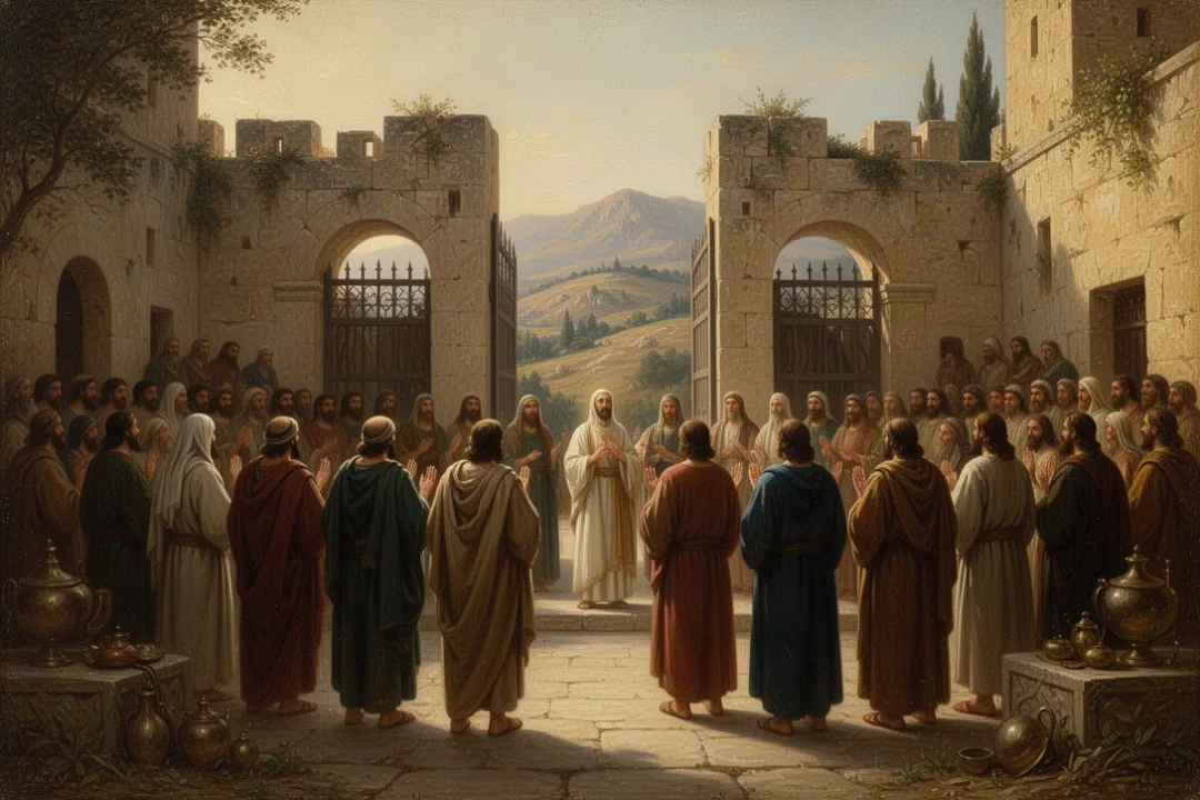 Diverse worshipers gathered near ancient Jerusalem-inspired city gates