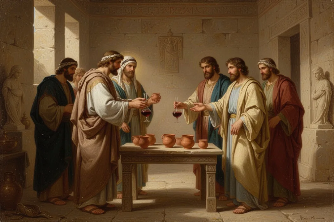 Rechabite family refusing wine in a Jerusalem temple chamber