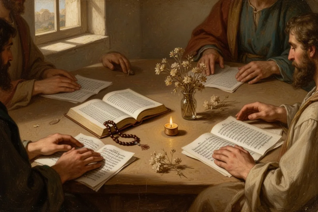 Interfaith poetry reading with candle, prayer beads, flowers, and open notebooks