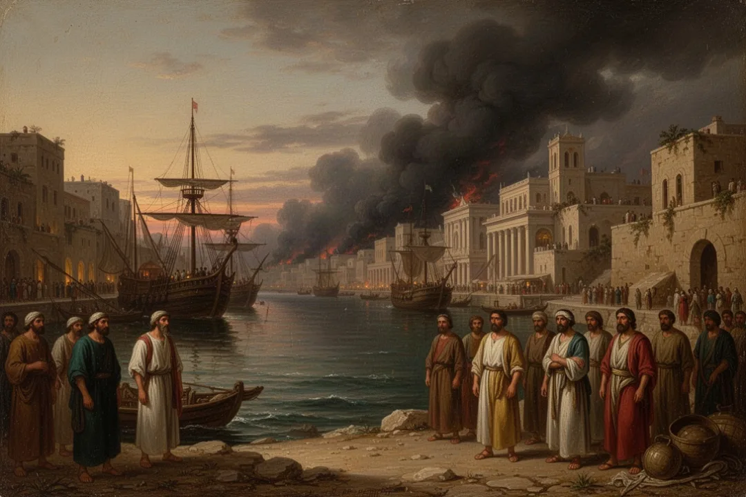 Ancient harbor city collapsing as merchants watch Babylon’s symbolic downfall