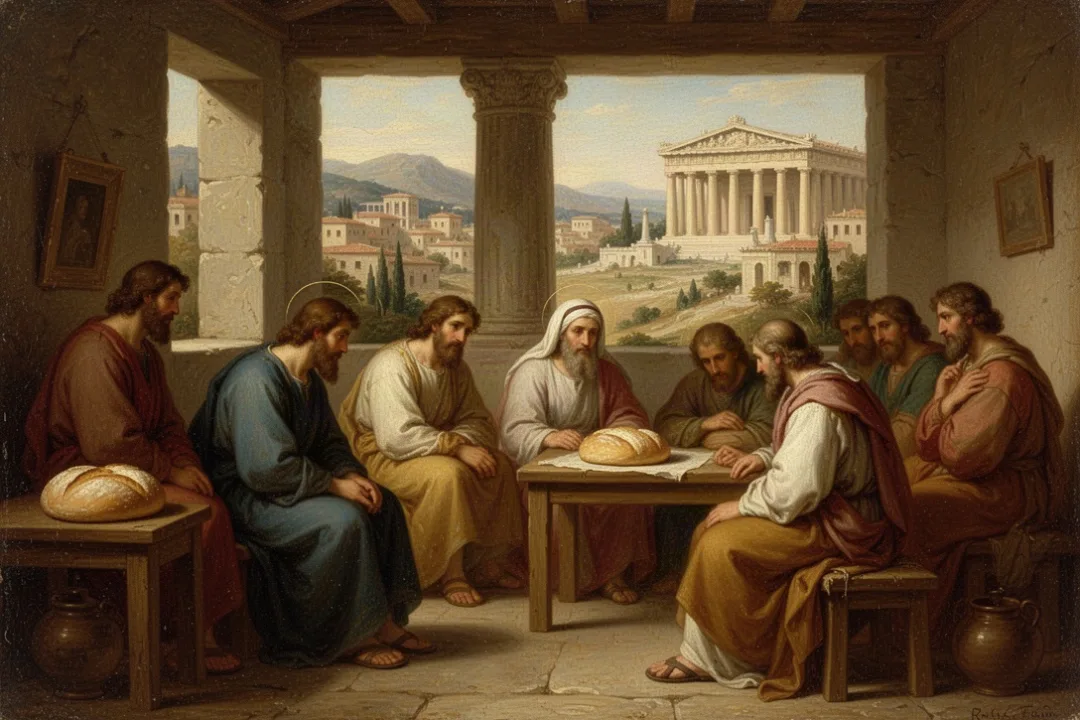 Early Christians meeting near Pergamum with bread and distant pagan temples