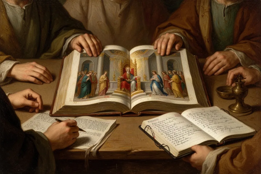 Group studying Revelation symbols around an open Bible