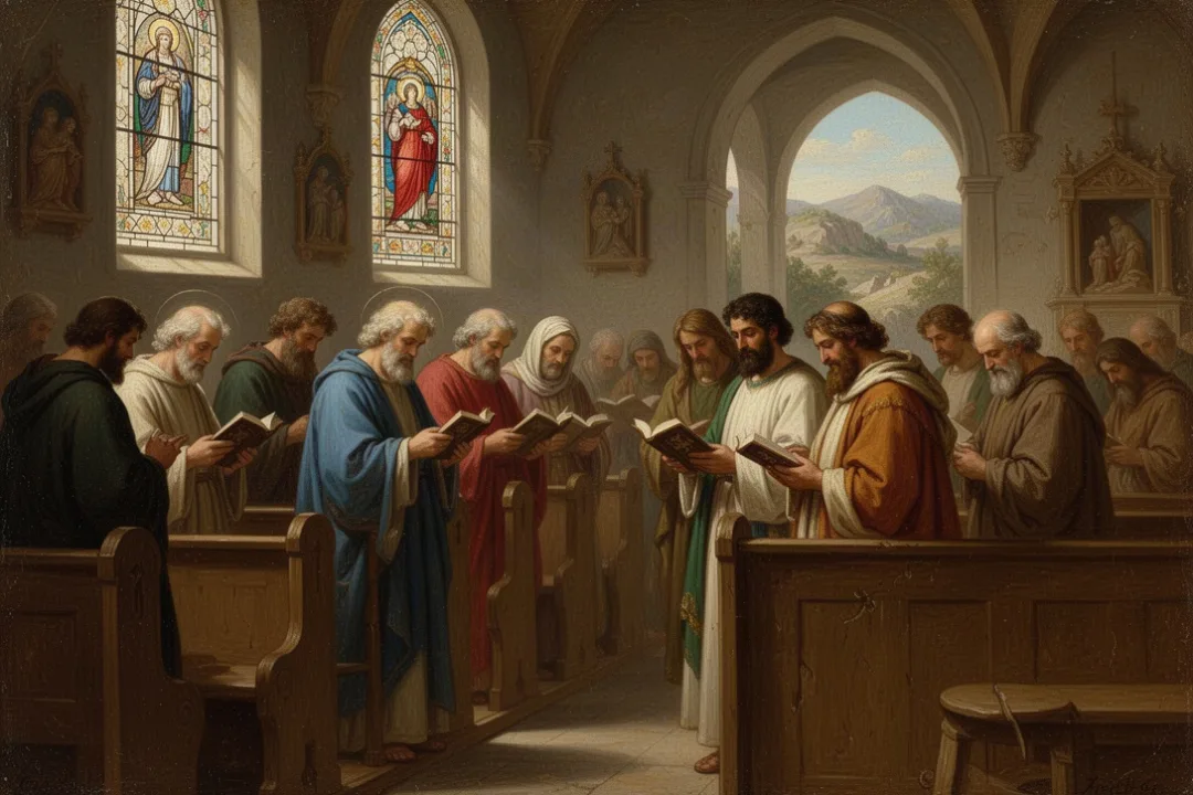Parishioners preparing quietly for Sunday Mass in a Catholic church
