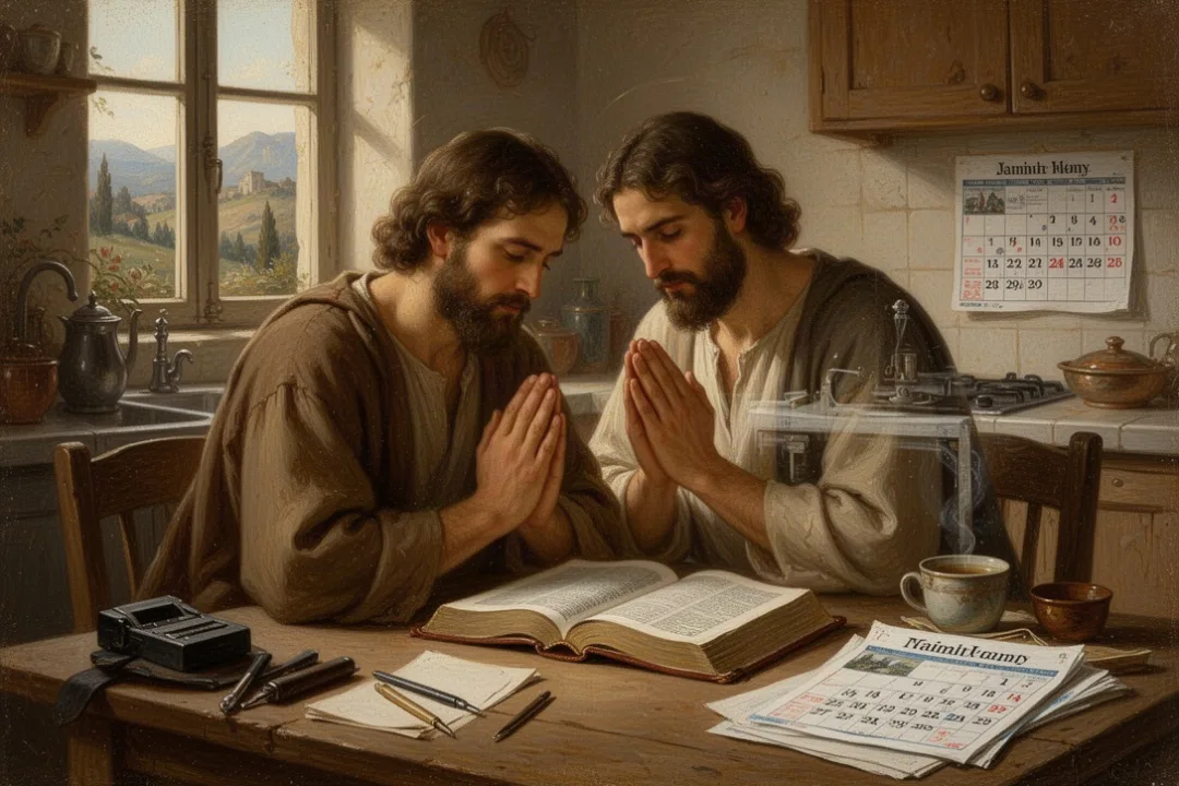 Person praying beside Bible while considering daily responsibilities