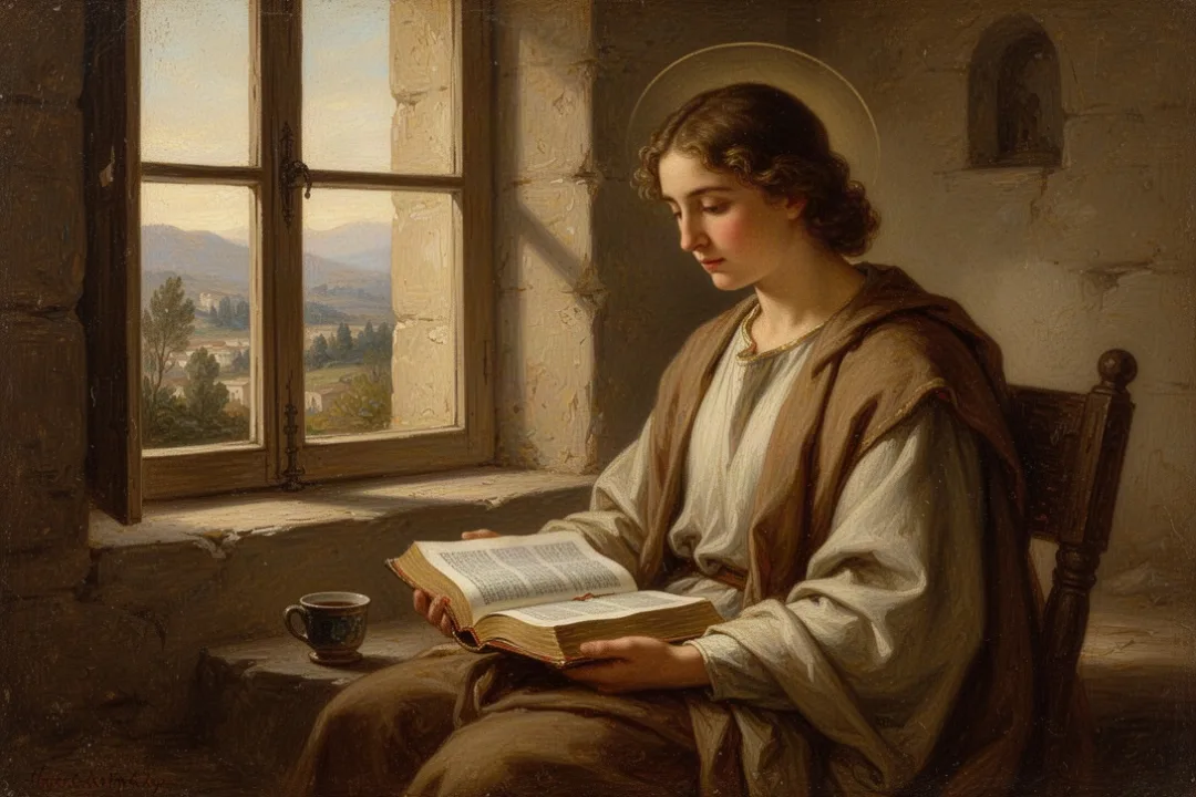 Person reflecting beside an open Bible in gentle morning light
