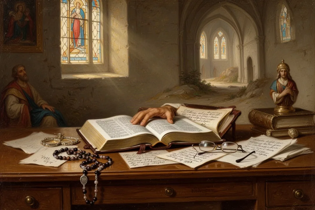 Open RSV Catholic Bible beside rosary and study notes