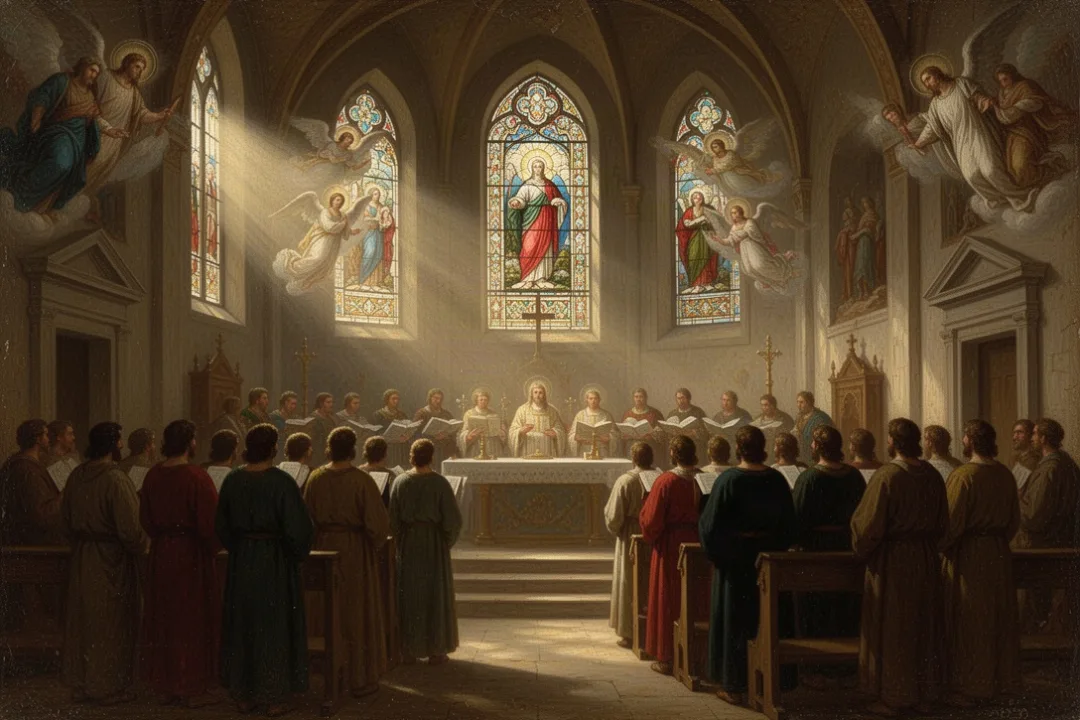 Church worship scene representing the meaning of Sabaoth and heavenly hosts