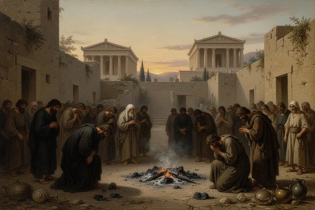 Ancient community mourning in sackcloth beside ashes