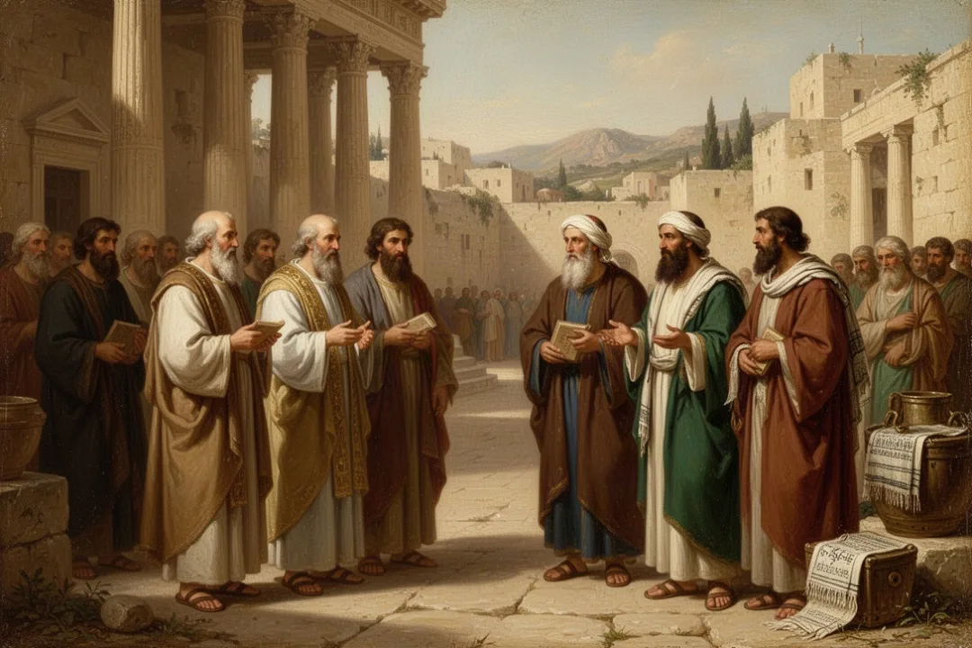 Sadducees and Pharisees discussing near the ancient Jerusalem Temple