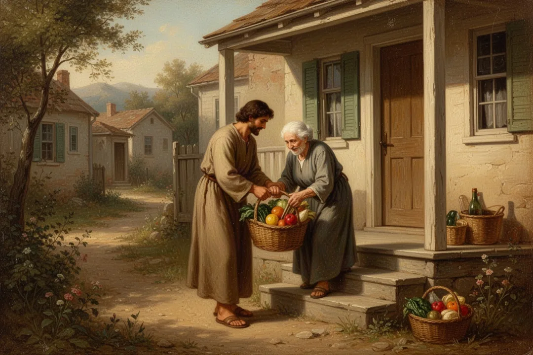 Neighbor helping an older adult carry groceries up porch steps