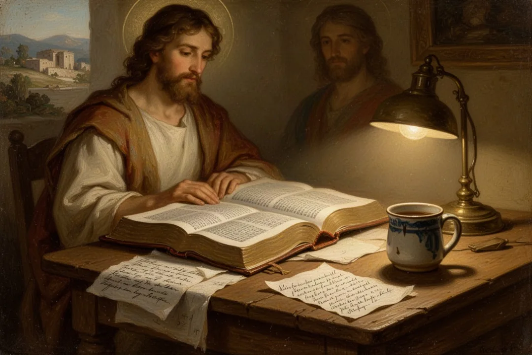 Open Bible and study notes illuminated by a warm table lamp