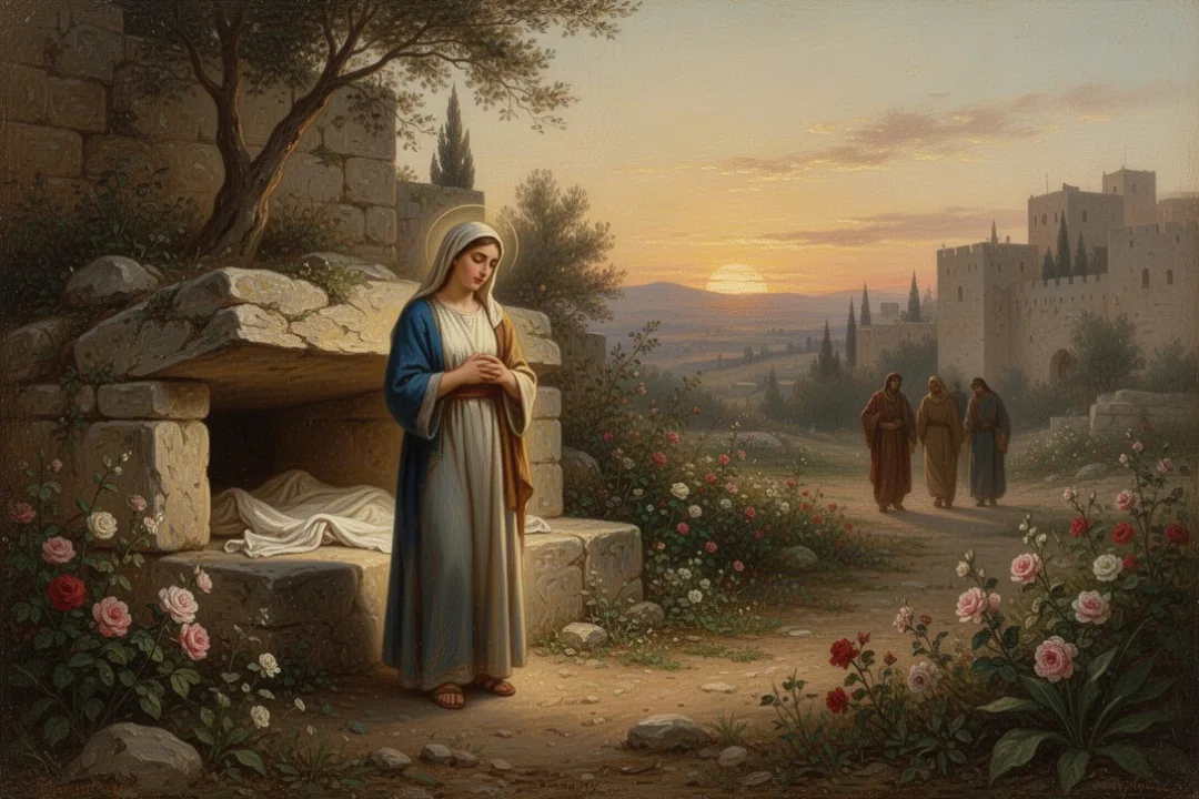 Mary Magdalene standing near the empty tomb at dawn
