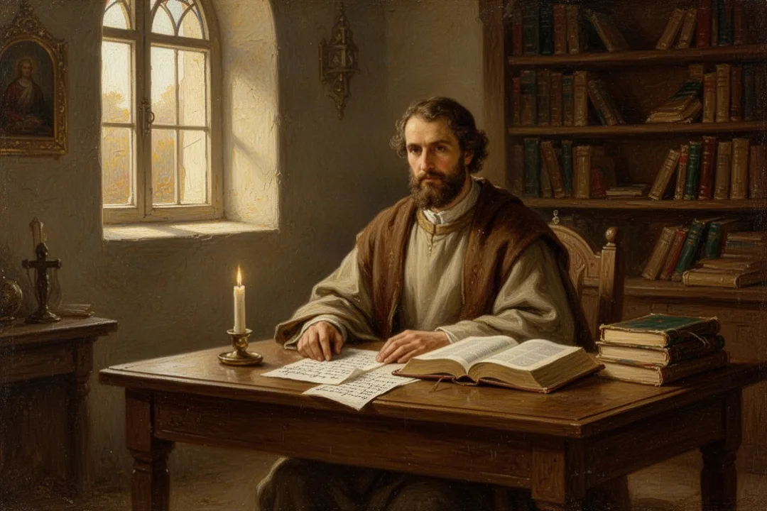 Pastor preparing sermon notes beside an open Bible in a quiet study