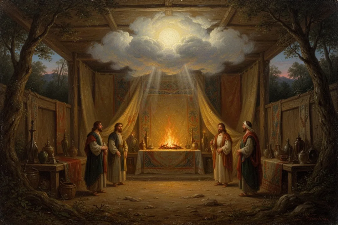 Luminous cloud over an ancient tabernacle symbolizing God’s dwelling presence