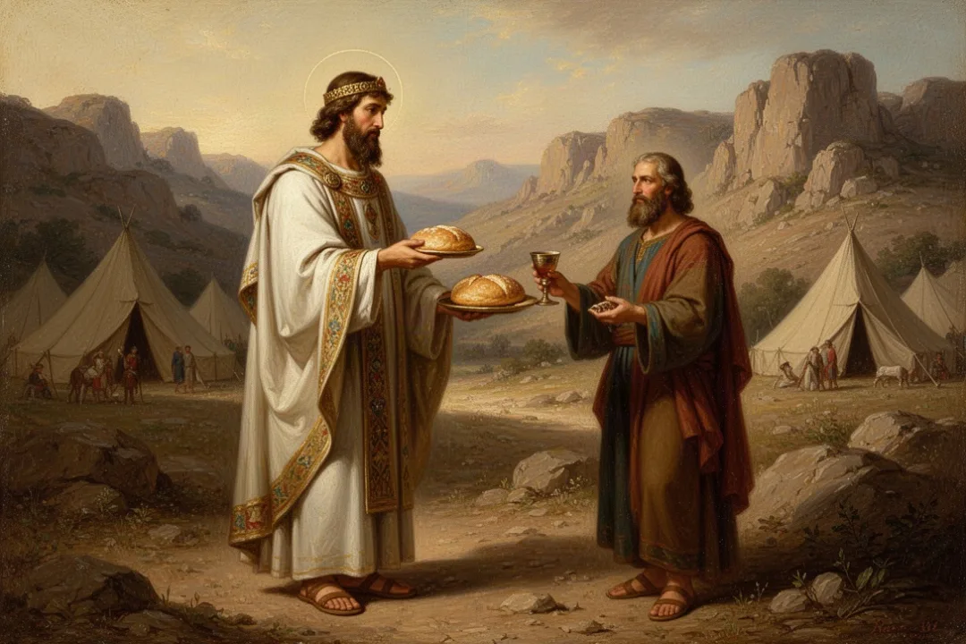 Priest-king meeting Abraham near Salem with bread and wine