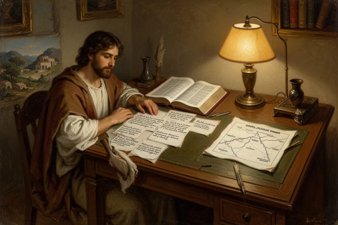 Open Bible and notes arranged for a biblical theology study