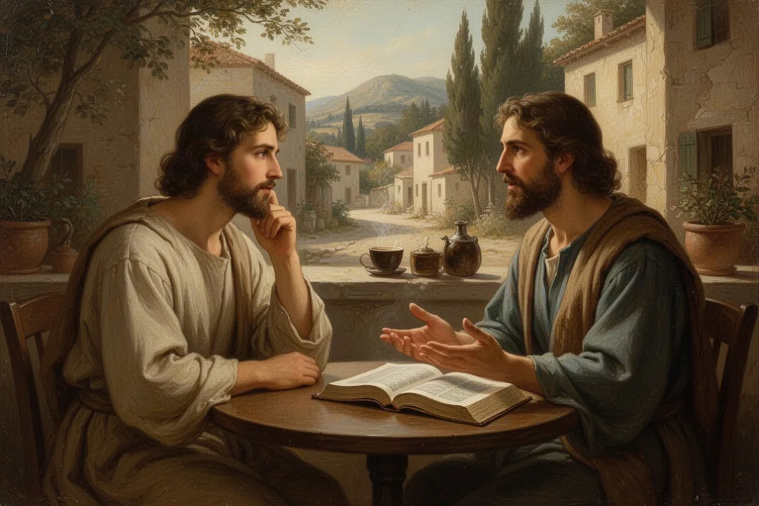 Friends discussing Christian faith with an open Bible at a coffee shop