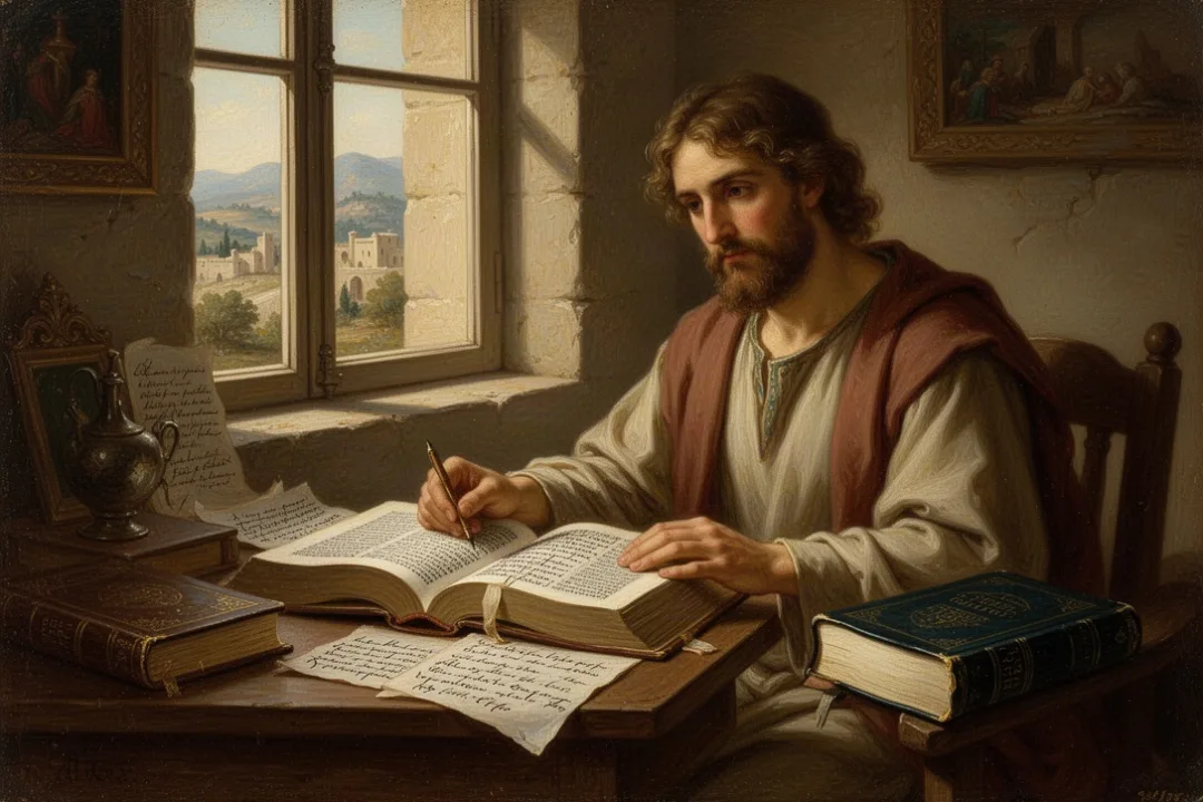Open theology book, Bible, and notes in a quiet reflective study