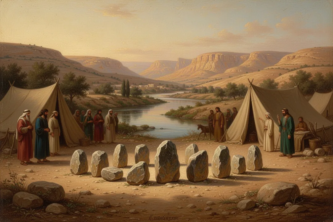 Twelve memorial stones beside an ancient Jordan Valley campsite